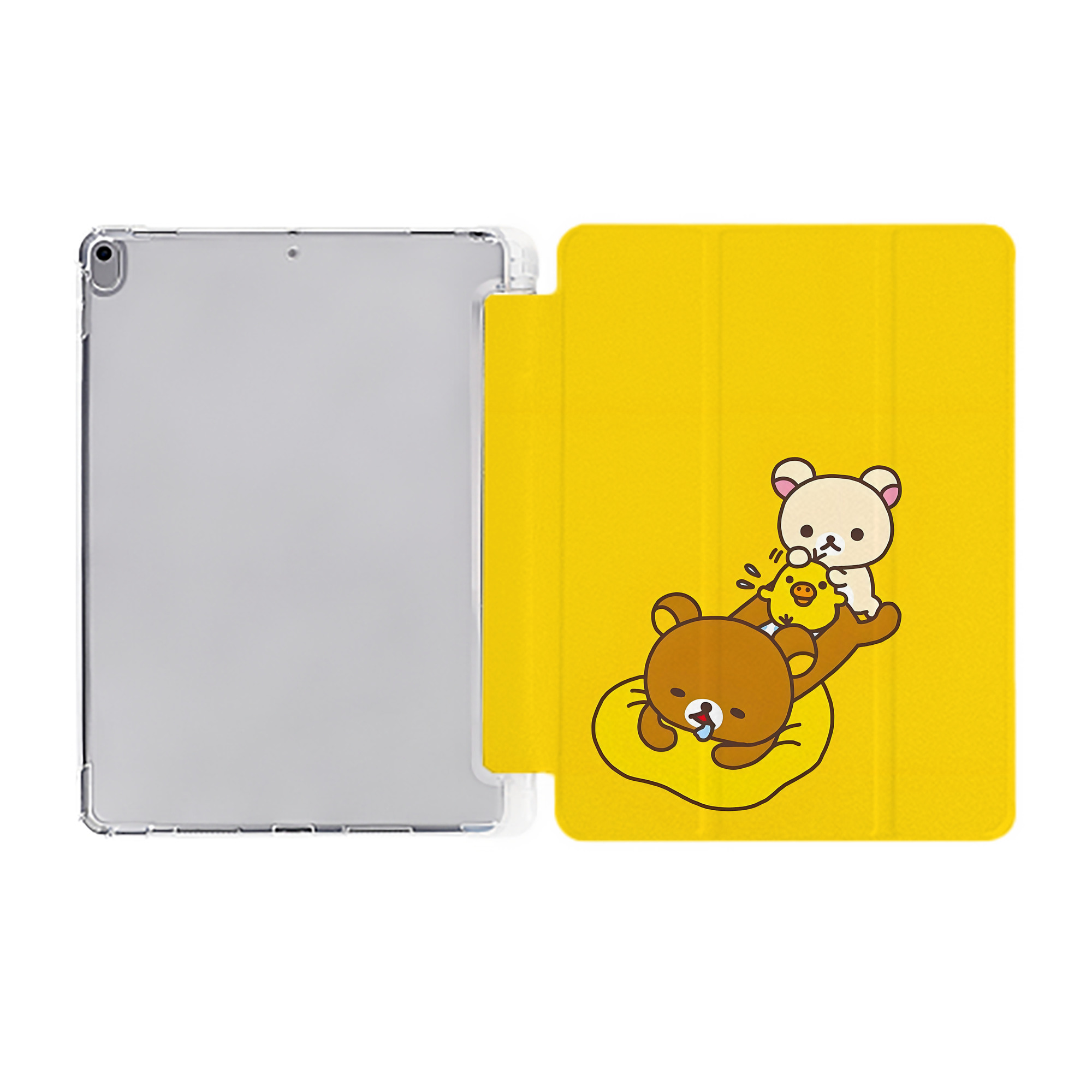 （画像用） リラックマ リラックマ キイロイトリ Rilakkuma Korilakkuma Kiiroitori IPad ケース ペン収納付き 三つ折りスタンド PUレザー×シリコン 対応機種9.5/10.5/10.9インチ
